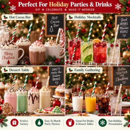 Christmas Paper Straws Set - Red, Green & Snowflake Pattern Mix, 100 Pack