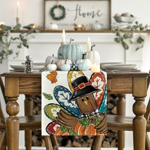 Thanksgiving Table Runner with Pumpkins and Turkey Harvest Fall Decor 13x60 Inch
