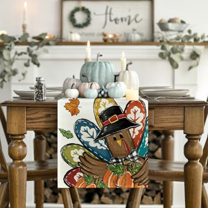 Thanksgiving Table Runner with Pumpkins and Turkey Harvest Fall Decor 13x60 Inch