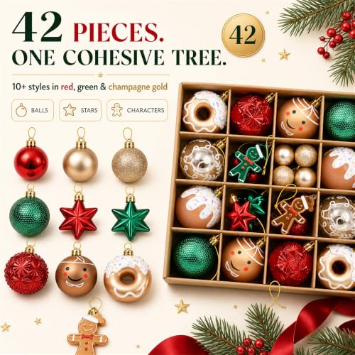 42 Pack Shatterproof Christmas Ornaments - Red & Gold Luxury Tree Decorations with Pre-Tied Strings