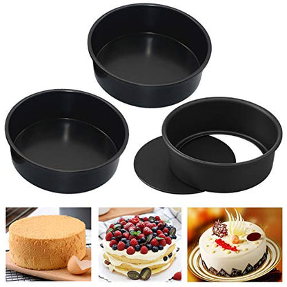 HMIN 6 Inch Round Cake Pan, Removable Bottom Cheesecake Pans, Carbon Steel Non-Stick 6 In Cake Pan Set of 3 (6 Inch-Black 3Pcs)