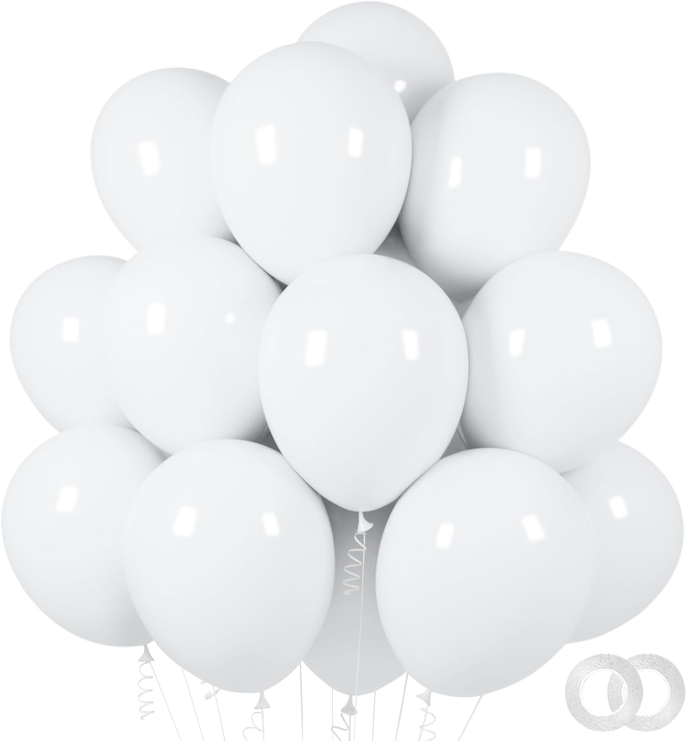 ASIYUHY White Balloons - 100 Pack 12-Inch Latex Balloons with Ribbons for Weddings & Parties