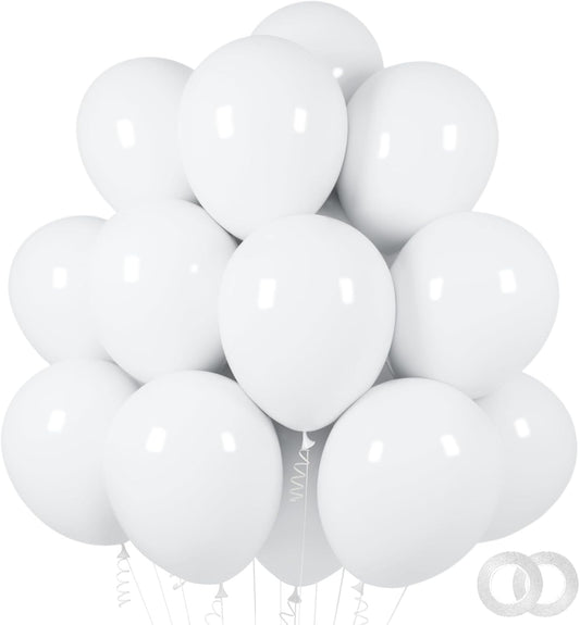 ASIYUHY White Balloons - 100 Pack 12-Inch Latex Balloons with Ribbons for Weddings & Parties
