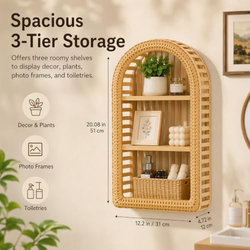 3-Tier Hand-Woven Bamboo Wall Shelf with Arch Frame - Rustic Wall Mount Organizer