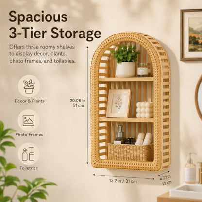 3-Tier Hand-Woven Bamboo Wall Shelf with Arch Frame - Rustic Wall Mount Organizer
