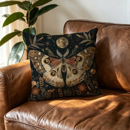 Witchy Moth Moon Throw Pillow Cover 18x18in - Gothic Gothic Home Decor - Variation of Witchy Moth Moon Pillow Covers