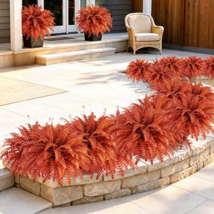 Artificial Ferns Outdoor Fall Decorations - 12pcs Red Fern Stems