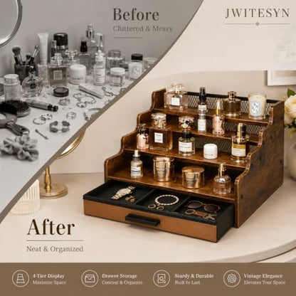 Brown Wooden 4-Tier Cologne Organizer Stand with Drawer - Square