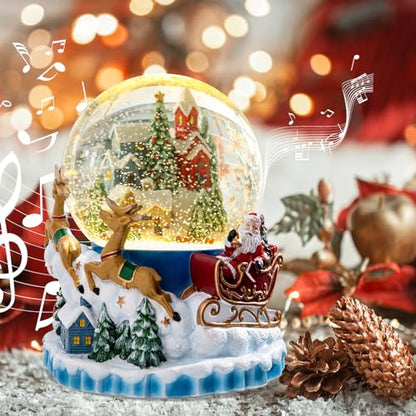 Christmas Snow Globe - Musical Village Lantern with Elk, Santa Sleigh - Santa Sleigh Variation