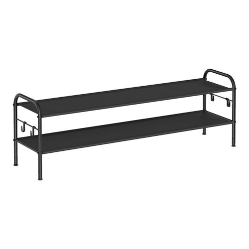 SONGMICS Shoe Rack, 2-Tier Shoe Organizer, Fabric Shoe Shelf Storage with 4 Hooks, Holds up to 12 Pairs of Shoes, Height-Adjustable Shoe Rack for Entryway, Hallway, Closet, Easy Assembly, Ink Black