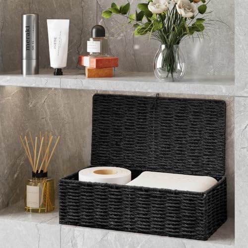 Black Wicker Storage Baskets with Lids - Set of 2 Handwoven Organizers