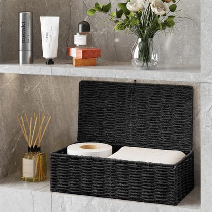 Black Wicker Storage Baskets with Lids - Set of 2 Handwoven Organizers