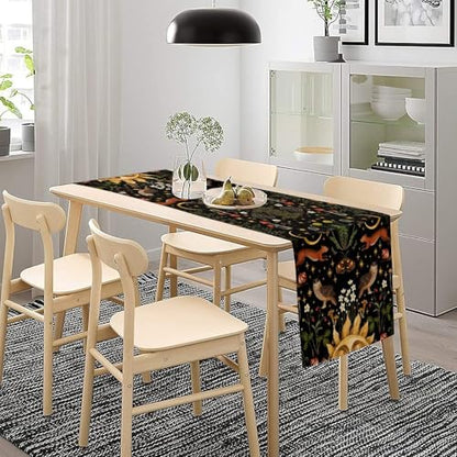 Retro Animal Table Runner for Kitchen, Dark Bohemian Forest Design, W13X L36 - Cotton Linen Decor
