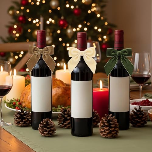 Christmas Bow Wine Bottle Cover Set - 12 Pcs Xmas Party Decor, Velvet Bow Variation