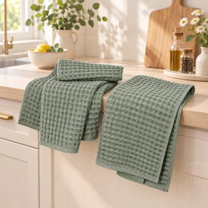 Sage Green Waffle Hand Towels - Cotton, Quick Dry & Low Lint, 2 Pack