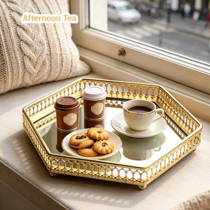 Gold Hexagonal Perfume Tray with Mirror, Acrylic & Metal Vanity Organizer - 10.6" x 6"