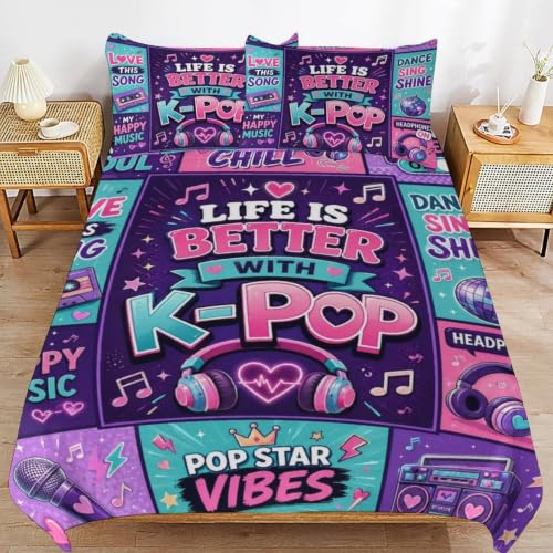 Kpop Music Love Life Better With Kpop Duvet Cover Set Queen Size 90x90 - 3 Piece with Pillowcases