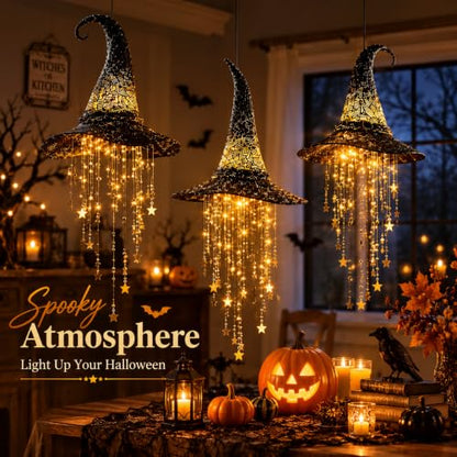 Halloween Witch Hat Lantern Black with Star Tassels - Warm LED Lighted Decoration