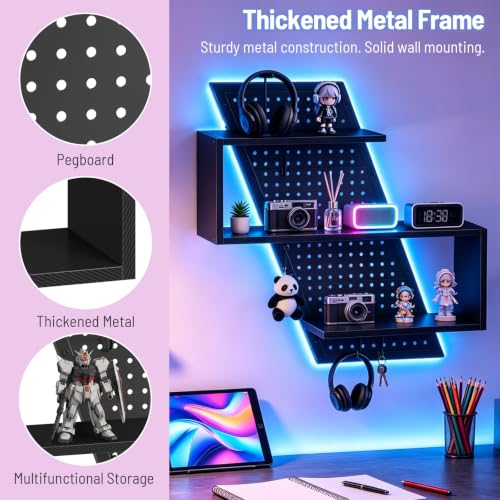 Black S-Shaped Gaming Floating Shelf with LED Light Strip, 3 Tiers & Hooks