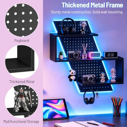 Black S-Shaped Gaming Floating Shelf with LED Light Strip, 3 Tiers & Hooks