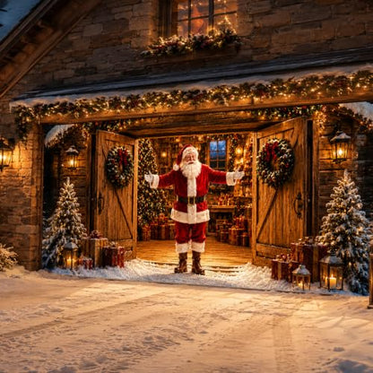 Christmas Garage Door Cover Decorations Santa Welcomes You Home Banner - 16x7 ft, Outdoor Weather-Resistant Fabric, Complete Hanging Kit Included