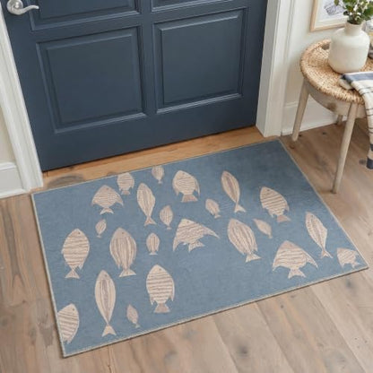 Blue Coastal Fish Runner Rug - Washable Non-Slip Boho Style, 2ft x 5ft, Rectangular
