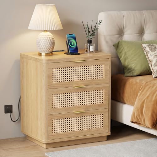 23" W Rattan Nightstand with 3 Drawers – Natural Oak Bedroom Table