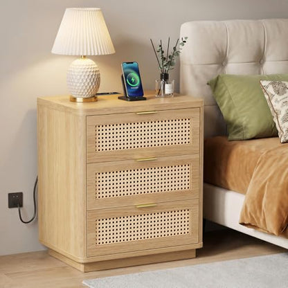 23" W Rattan Nightstand with 3 Drawers – Natural Oak Bedroom Table