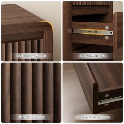Walnut Fluted Nightstand Set of 2 with 3 Drawers - 24.4 in Tall End Tables
