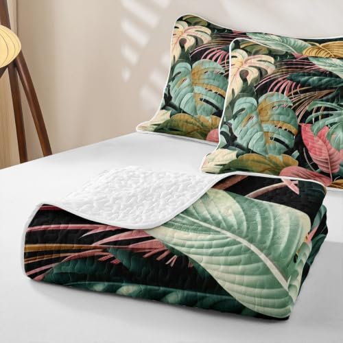Castle Fairy Colorful Palm Leaf Quilt Set Queen Size Tropical Bedding with Pillow Shams - Green Pink Gold