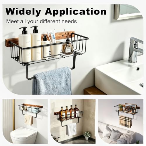 Rustic Wall-Mounted Hand Towel Holder with Wooden Storage Basket for Bathroom