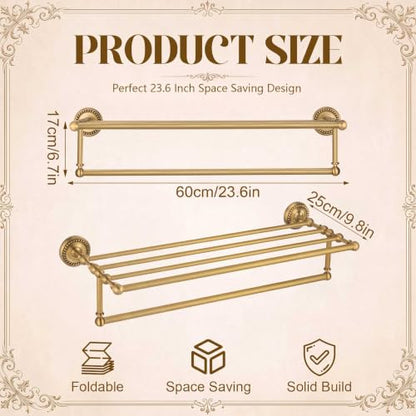 24-Inch Victorian Style Brass Foldable Towel Rack with Hooks - Gold