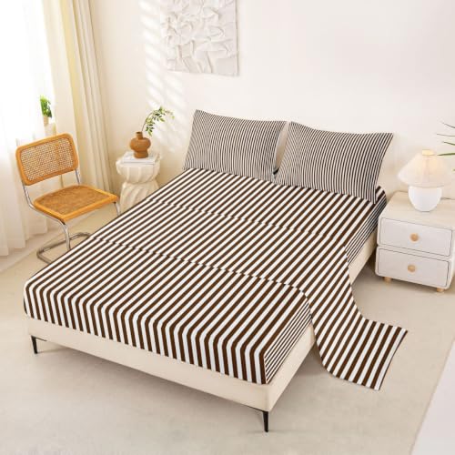 Brown White Stripe Bed Sheets Queen Size Bedding Set with Deep Pockets