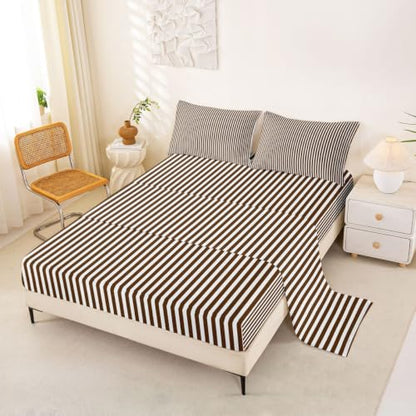 Brown White Stripe Bed Sheets Queen Size Bedding Set with Deep Pockets