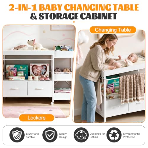 Baby Changing Table with Storage and Locking Wheels - White Nursery Organizer