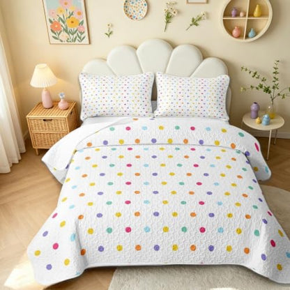 Colorful Full Size Polka Dot Quilt Bedspread Set - 3 Pieces, Rainbow Geometric Bedding