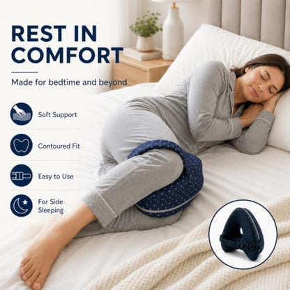Heart-Shaped Jacquard Navy Knee Support Pillow for Side Sleepers with Adjustable Strap