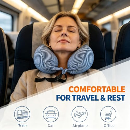 Travel Neck Pillow with Microbeads & Breathable Fabric - Blue Stripes