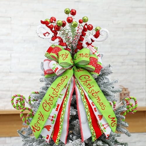 Christmas Tree Topper Bow - Large Red & Green Holiday Decoration, Ball Variation