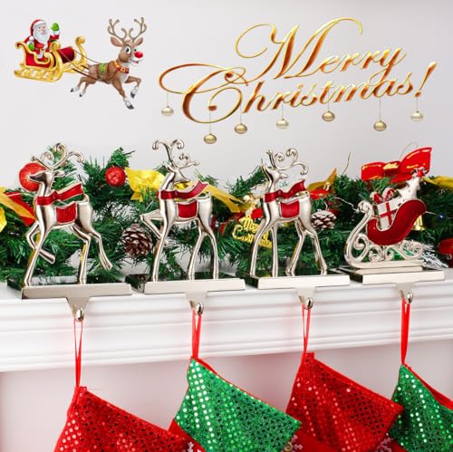Reindeer Stocking Hangers and Sleigh Hooks Set - Christmas Fireplace Decor - Red Reindeer Variation