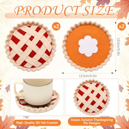 Fall Pie Coasters Set of 4 - Pumpkin and Berry Felt Coasters for Autumn Decor