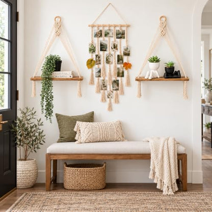 6-Piece Boho Wall Decor Set with Macrame Shelves and Fake Plants
