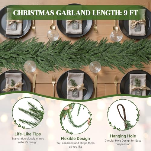 9FT Artificial Norfolk Pine Garland - Real Touch Holiday Decor, Indoor & Outdoor