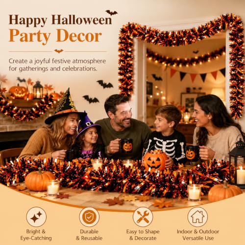 Halloween Tinsel Garland 50 FT Orange Shiny Festive Decor