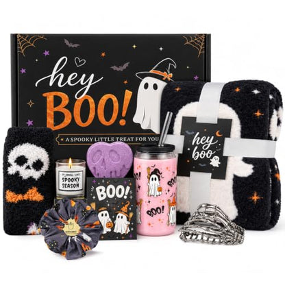 Halloween Gift Basket for Women with Blanket, Socks, Candle & Accessories