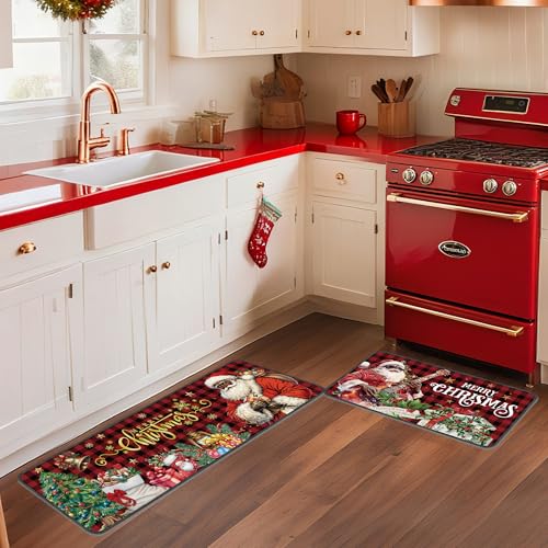 Romart Christmas Kitchen Rugs Set of 2 Black Santa Plaid Santa Claus & Tree Designs