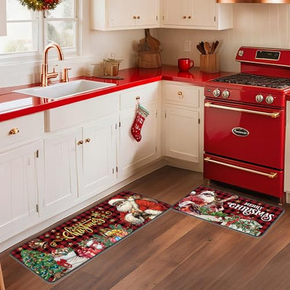 Romart Christmas Kitchen Rugs Set of 2 Black Santa Plaid Santa Claus & Tree Designs