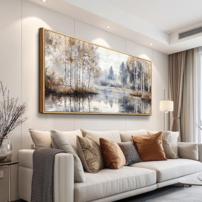 Large Wall Art Canvas Print - Misty Birch Forest Landscape 20x40 White Frame