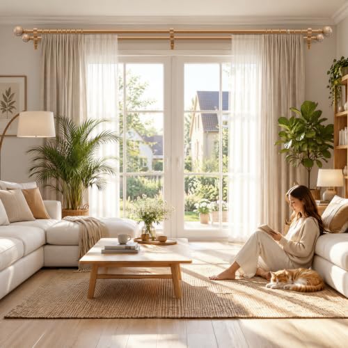 Wood Heavy Duty Double Curtain Rod 72-144 Inch Adjustable 1 Inch Diameter - Faux Wood Grain Finish - Bohemian Style
