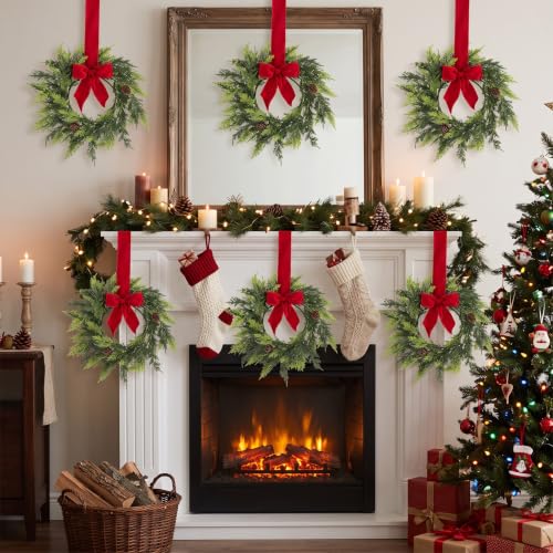 Mini Christmas Wreath Set with Red Velvet Bow - 6 Pcs Holiday Decor